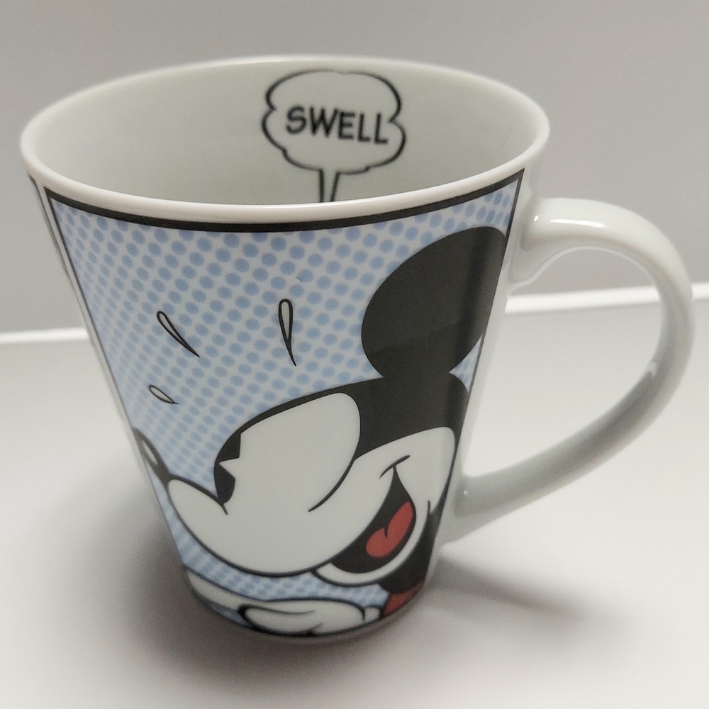 Disney Coffee Mug Tea Cup Mickey Mouse "Swell" Comic Strip Panel White Blue Red